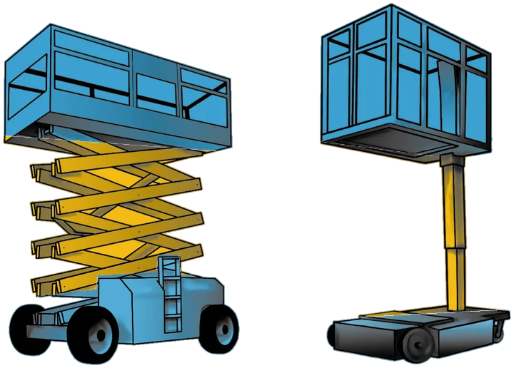 Dibujos de una plataforma de tijera autopropulsada y de una plataforma de mástil vertical